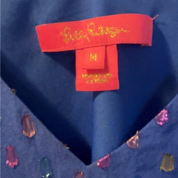 Lilly Pulitzer Blue Sleeveless Top Metallic Accents Size Medium P2P 19” - Picture 6 of 6
